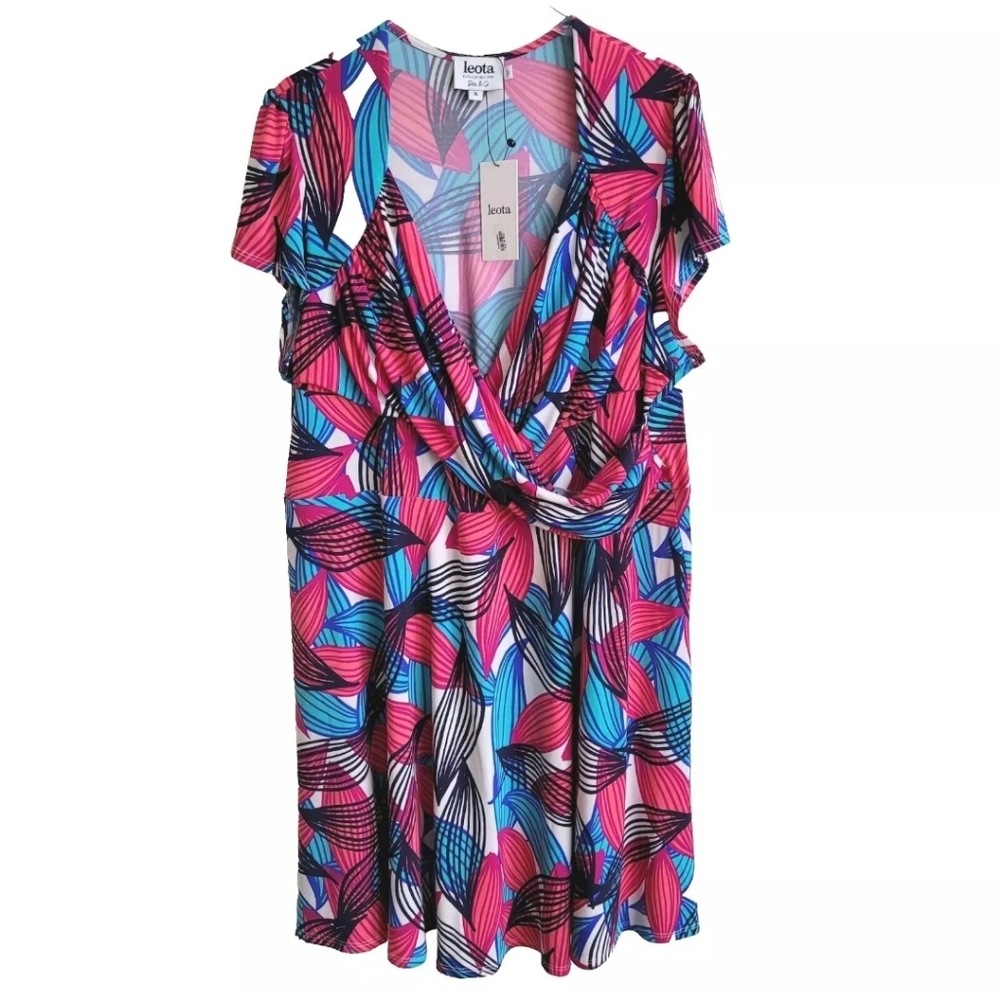 Leota Dress Size 3L OR 3X Sweetheart Leaf Print Faux Wrap Stretch Dia & Co NEW